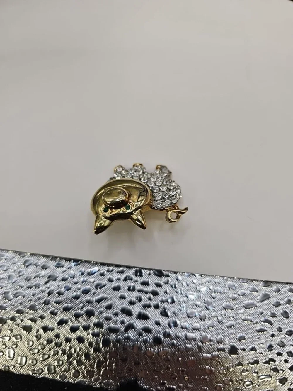 Brooch/pin  Clear Colorless Rhinestones Gold-tone Green Rhinestone Eyes Pig